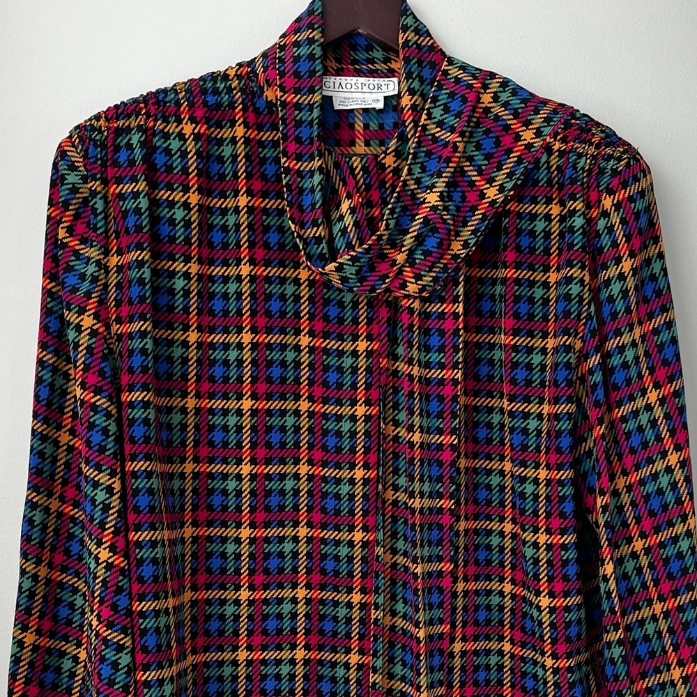 VTG CIAO SPORT Women’s 14 Multicolor Houndstooth Silk Tie Neck Blouse RETRO CHIC - Picture 10 of 10